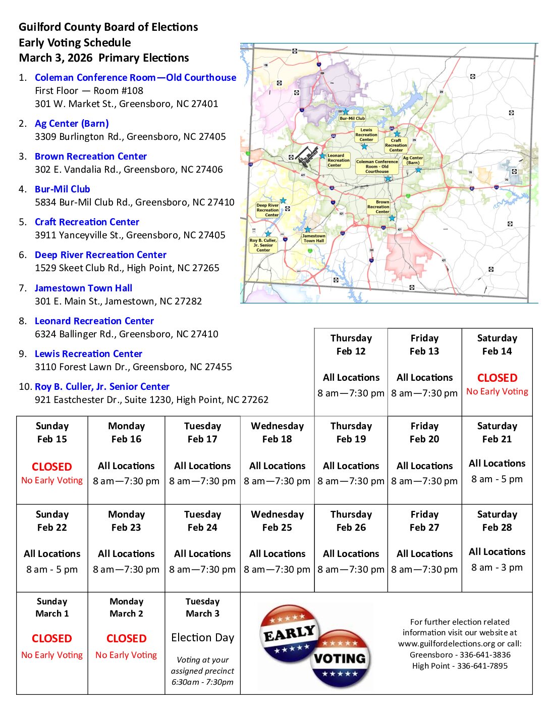 Guilford County 2026 Primary Election Early Voting Schedule and Map